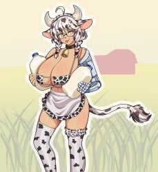 1girls artist_request big_breasts braided_hair brown_eyes commissioner_upload cow_ears cow_girl cow_horns cow_print cow_print_bikini cow_print_bra cow_print_thighhighs cow_tail cowbell cowbell_collar cowgirl cybernetic_arm glasses grass huge_breasts large_breasts lttanuki maid maid_apron maid_bikini maid_headdress massive_breasts milk milk_carton milk_container multicolored_hair original original_character robotic_arm simple_background smug smug_face solo solo_female solo_focus thigh_highs thighhighs thighs tongue_out white_hair