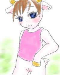 animal_crossing anthro artist_request blush bottomless chevre_(animal_crossing) clothing female female_only nintendo pussy solo source_request standing white_fur year_request