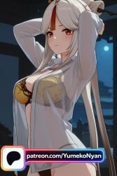 1girl adjusting_hair ai_generated arms_behind_head arms_up artist_name bangs black_bra black_panties blurry blurry_background blush bow bra breasts character_name cleavage closed_mouth collared_shirt copyright_name cowboy_shot dress_shirt eyebrows_visible_through_hair genshin_impact grey_hair hair_bow hair_bun hair_ornament hands_in_hair heart horns hoyoverse indoors lace large_breasts light_smile lingerie lips long_hair long_ponytail long_sleeves looking_at_viewer medium_breasts multicolored_hair navel night ningguang_(genshin_impact) oni_horns open_clothes open_shirt orange_eyes panties parted_bangs ponytail prinz_eugen_(azur_lane) ratingquestionable ratingsafe recording red_eyes red_hair ribbon see-through sheer_clothes shirt sidelocks silver_hair smile solo standing streaked_hair swept_bangs thighs two-tone_hair tying_hair underwear upper_body very_long_hair viewfinder virtual_youtuber wet wet_clothes wet_shirt white_hair white_shirt window wing_collar yellow_bra