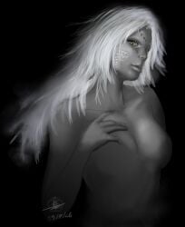 artist_request bust_portrait crossbreed_priscilla dark_souls dragon dragon_girl dragon_horns fromsoftware large_breasts monochrome monster_girl nude scales white_hair yellow_eyes