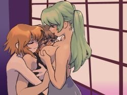 1boy 2d_(artwork) 2girls big_breasts blushing brown_hair green_hair higurashi_no_naku_koro_ni hug hugging immobilization keiichi_maebara mion_sonozaki orange_hair rena_ryuuguu sandwiched stockings threesome