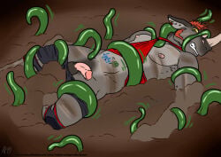 anthro balls bound clenched_teeth clothing clover_(plant) clover_leaf colored dirt duo ear_piercing elemental_creature erection flora_fauna forced four_leaf_clover genitals hair horn leaf male mammal nipples orange_hair penis piercing pink_nipples plant rhinoceros stuck_in_ground teeth tentacles text undressing undressing_another url whitecolt_productions worried yellow_eyes