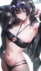 1girls absurd_res bare_midriff bikini black black_bikini blue_archive female glasses hair kisaki_(blue_archive) navel open_jacket re0n skinny_waist small_breasts solo tummy