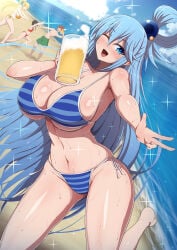 1boy 3girls :d ;d alcohol aqua_(konosuba) aqua_eyes beach beer beer_mug bikini black_hair blonde_hair blue_bikini blue_hair blue_sky breasts brown_hair cloud commentary_request cup darkness_(konosuba) day drinking_glass green_male_swimwear hair_ornament hair_rings highres holding holding_cup horizon kono_subarashii_sekai_ni_shukufuku_wo! large_breasts long_hair male_swimwear megumin mug multiple_girls navel ocean one_eye_closed open_mouth orange_bikini outdoors ponpo ponponmaru ponytail red_bikini satou_kazuma sidelocks sky smile solo_focus standing striped_bikini striped_clothes swimsuit thighs very_long_hair wet x_hair_ornament