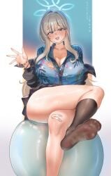 1girl absurdres alternate_breast_size_(larger) blue_archive blush breasts cleavage feet grey_eyes highres konoka_(blue_archive) large_breasts long_hair looking_at_viewer mask mouth_mask open_mouth see-through_clothes see-through_legwear shangdi_de_fa_zhang socks soles toes