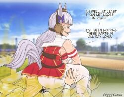 1boy 1boy1girl 1girl 2d 2d_(artwork) clothed english english_text facing_away fart fart_cloud farting farting_in_face farting_on_face foggyfumes gold_ship_(umamusume) hand_on_another's_ass hand_on_ass sitting_on_face tagme umamusume