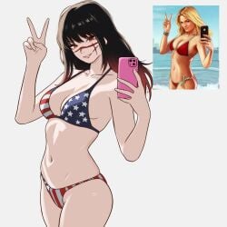 1girls american_flag_bikini bikini black_hair breasts chainsaw_man cleavage female female_only grand_theft_auto grand_theft_auto_v gtav_cover_girl medium_breasts mitaka_asa mothdropcrowla navel peace_sign phone red_eyes reference_image scar scar_on_face selfie slim_waist solo solo_female spiral_eyes white_background yoru_(chainsaw_man)