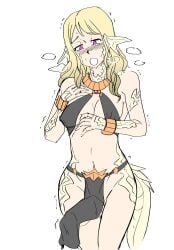 au_ra blonde_hair blush dragon_girl dragon_horns dragon_tail final_fantasy final_fantasy_xiv futanari gold_jewelry harem_outfit heavy_breathing horny hypnosis hypnotized jewelry majinsfw mikoto_jinba monster_girl panting purple_eyes raen scales square_enix sweat wet white_scales