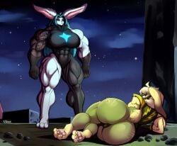 2026 3_toes abs anthro artist_name black_sclera blue_body blue_eyes blue_fur blue_hair breasts butt dated duo eyebrows feet female female_anthro fur green_body green_fur hair hi_res lagomorph leporid mammal marvel meme mrmelted muscular muscular_anthro muscular_female pawpads pink_pawpads rabbit tail text tilly_(flufffluff84) toes white_body white_fur x-men yellow_body yellow_fur