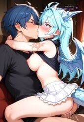 1female 1girl 1male 8k ahoge ai_assisted ai_generated anime arm_tattoo black_shirt blue_hair crying cum dragon_horns dragon_tail dragon_wings forced_kiss forced_sex fur_trim hentai long_hair nipples purple_eyes rape