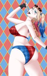 background baseball_bat big_ass bikini blonde_hair blue_eyes blue_eyeshadow blue_hair dc_comics diamond_pattern dyed_hair earrings fingerless_gloves gloves harley_quinn makeup medium_breasts multicolored_bikini multicolored_hair pale-skinned_female pale_skin pigtails red_eyeshadow red_hair red_lipstick red_nails sticking_out_tongue sunglasses thick_thighs tongue