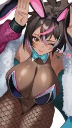 big_breasts brown_hair bunny_ears bunny_outfit bunnysuit fishnet_legwear fishnets indie_virtual_youtuber looking_at_viewer multicolored_hair neon_harper nonbinary_(lore) tan_body virtual_youtuber vtuber yellow_eyes