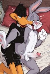ai_generated anal anal_penetration anal_sex anthro black_body black_fur bugs_bunny bunny bunny_ears cartoony daffy_duck duck femboy furry gay hydrai male male/male male_only rabbit white_fur