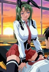 1boy 1girls academy_uniform_(bible_black) ai_generated animal_ears before_sex bible_black bible_black_only black_hair blue_eyes blush breasts breasts_out bunny_ears butt_fang cheating cheating_girlfriend classmates clavicle clothing collarbone desk dynamic_pose erect_nipples_under_clothes exposed_breasts faceless_male faithful_to_the_anime fake_animal_ears female female_only full_body fully_clothed girl_on_top green_hair hairband head_tilt high_resolution indoors ito_mika legwear library loafers long_hair looking_at_viewer necktie nipple_bulge no_bra no_bra_under_clothes open_clothes parted_bangs parted_lips pinup pleated_skirt presenting_breasts puffy_nipples school_uniform schoolgirl shirt shoes sitting sitting_on_desk sitting_on_lap skirt smile solo solo_focus stockings straddling sunset suspenders taking_clothes_off teenage_female teenager thick_thighs thighhighs thighs uncensored underwear undressing upper_body vest viewed_from_below window
