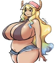 deity denim dragon dragon_horns dragon_humanoid goddess hat huge_breasts miss_kobayashi's_dragon_maid multicolored_hair pink_hat quetzalcoatl_(dragon_maid) yuripeach