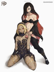 1futa 1girls armpit_sex blonde_hair breasts cleavage dark-skinned_female gravity_rush kat_(gravity_rush) madd_horner navel penis raven_(gravity_rush) thick_thighs thighs two-tone_hair