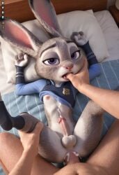 ai_generated anal anal_sex anthro bunny bunny_ears cop femboy finger_in_another's_mouth finger_in_mouth furry gay genderswap human_on_anthro hydrai judy_hopps male male_only police_uniform policewoman purple_eyes rabbit rule63 white_fur zootopia