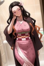 1girl ai_generated asa_no_ha_(pattern) black_hair brown_hair forehead gag gradient_hair hair_ribbon haori hi_res high_quality high_resolution japanese_clothes kamado_nezuko kimetsu_no_yaiba kimono long_hair long_sleeves looking_at_viewer multicolored_hair obi older patreon pink_eyes pink_kimono pink_ribbon ribbon sash seductive sexy smile solo standing two-tone_hair uncensored very_long_hair watermark wide_sleeves