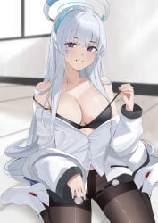 1girls absurdres bare_shoulders black_bra black_pantyhose blue_archive blush bra bra_pull bra_strap_pull bra_strap_slip breasts cleavage clothes_pull female halo high_heels highres indoors jacket large_breasts long_hair looking_at_viewer mechanical_halo noa_(blue_archive) off_shoulder pantyhose pulling_own_clothes purple_eyes ref_(pmxt4483) shirt smile solo strap_slip thighband_pantyhose underwear very_long_hair white_footwear white_hair white_halo white_jacket white_shirt