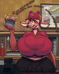 alternate_breast_size alternate_version_available anthro antlers background big_balls big_breasts black_pants blonde_hair bra_outline bra_visible_through_clothes breasts brown_fur buckteeth bulge bulge_through_clothing burger cashier clothed clothing color colored comic deer deer_girl deltarune english_text finished flaccid freckles fully_colored futanari hat headgear huge_breasts jewelry job large_breasts large_thighs lipstick midriff necklace noelle_holiday red_antlers red_eyes red_shirt sketch snao text thick unbuttoned_pants unbuttoned_shirt undertale_(series) uniform waist working
