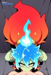 1girl ai_assisted ai_generated back_against_wall balls_deep big_hair blue_hair deep deepthroat dominated face_fuck facing_viewer fiery_hair fire green_skin hair_tubes hands_tied_above_head high_quality highres ice petite_body pointy_ears pov red_hair ripped_clothes sitting_on_knees skinny small_breasts small_tits tiny_tits twinrova yellow_eyes young