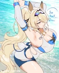 1girl animal_ears armpits arms_up blonde_hair blue_eyes blue_one-piece_swimsuit breasts closed_mouth commentary cowboy_shot english_commentary english_text from_side goggles goggles_on_head hair_over_one_eye highres horse_ears horse_girl horse_tail large_breasts long_hair myotaron ocean official_alternate_costume one-piece_swimsuit outdoors sigrid_de_l'azur solo speech_bubble sweat sweaty_armpits swim_goggles swimsuit tail twitter_username water white_one-piece_swimsuit zenless_zone_zero