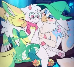 2_horns anthro anthro_on_anthro avian balls beak bedroom_eyes blush bodily_fluids boss_monster_(undertale) butt clothing colored darkner deltarune digital_media_(artwork) dripping erection eyewear feathered_wings feathers female female_anthro ffm_threesome fluffy genital_fluids genitals glasses group group_sex gryphon handjob hat hat_only headgear headgear_only headwear headwear_only hi_res horn kerchief kerchief_only male male/female male_anthro meraence mostly_nude mythological_avian mythological_creature mythology narrowed_eyes neck_tuft neckerchief neckerchief_only neckwear nude nude_anthro nude_female pawpads paws penile penis precum precum_drip ralsei round_glasses seductive sex sitting tapering_penis threesome tuft undertale_(series) vulva wearing_glasses wings