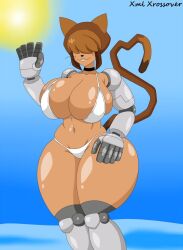 1girls bikini bikini_bottom bikini_top brown_hair cat_ears cat_girl cat_tail catgirl child_bearing_hips choker cyborg cyborg_girl female_only gameoverse hair_over_eyes hand_on_hip heart_tail huge_ass huge_breasts milf robot_arm short_hair smile tan_body tan_skin thick_thighs tina_(gameoverse) tina_bodega two-tone_hair two_tone_tail waving whiskers wide_hips xml_xrossover_(artist)