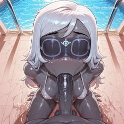 1girl ai_assisted ai_generated balls_deep bikini black_lipstick blue_eyes blue_sclera deep deepthroat dominated emily_(hazbin_hotel) eyelashes facing_viewer freckles grey_skin hands_behind_back hazbin_hotel high_quality highres long_hair makeup no_nose petite_body pool pov ripped_clothes seductive_smile sitting_on_knees skinny small_breasts small_tits solo tiny_tits white_hair young