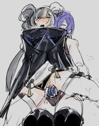 blush blushing dialyn_(zenless_zone_zero) mouth_open partially_clothed promeia_(zenless_zone_zero) riding riding_strap-on strap-on strapon sweeter_kiwiis yuri zenless_zone_zero