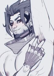 alternate_version_available arm_up armpit armpit_crease armpit_fetish big_pecs ear_piercing earrings emre emre_(overwatch) emre_sarioglu facial_hair floating_heart grey_hair greying_hair greyscale limited_color long_fingernails long_nails looking_at_viewer male male_only mullet nipple_piercing obliques overwatch overwatch_2 painted_fingernails painted_nails red_eyes scarf scarf_only simple_background siphonpistol solid_color_background solo solo_male