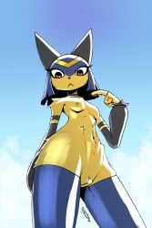 2026 2:3 absurd_res anthro arm_tuft biped black_body black_choker black_fur black_jewelry black_necklace blue_hair blue_sky bob_cut breasts choker cloud collarbone digital_drawing_(artwork) digital_media_(artwork) eyeliner felid feline female female_anthro fur gatonejo hair hi_res jewelry looking_at_viewer makeup mammal navel necklace nude nude_anthro nude_female pal_(species) palworld pocketpair red_eyes sekhmet_(pal) signature sky small_breasts solo standing thick_thighs tuft wide_hips yellow_body yellow_fur