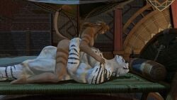 anthro black_hair cat_nose claws cowgirl_position final_fantasy final_fantasy_xiv furry hair_ornament hand_on_chest hand_on_partner hrothgar hug jewelry lion lion_ears lion_tail lioness looking_pleasured muscles muscular muscular_male night night_sky orange_fur orange_hair public_nudity public_sex size_difference square_enix stripes tail_accessory white_fur white_hair wuk_lamat