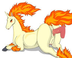 anus beige_fur blush color disembodied_penis female fiery_hair fiery_mane fiery_tail fire fur furry_ears hooves horn looking_back male mane nude penis pointy_ears pokemon pussy raised_tail rapidash red_eyes sex straight tail vaginal_penetration vulva white_background