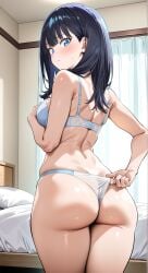 1girl adjusting_clothes adjusting_panties ai_generated ass back bare_shoulders bed bedroom black_hair blue_bra blue_eyes blush bra breasts closed_mouth clothing curtains dimples_of_venus female from_behind gridman_universe hand_on_own_chest indoors long_hair looking_at_viewer looking_back median_furrow medium_breasts on_bed panties pantsu panty_pull pillow shoulder_blades skindentation solo ssss.gridman standing takarada_rikka thick_thighs thighs thong underwear underwear_only wedgie white_bra white_panties window