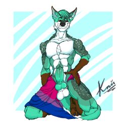 1:1 anthro balls bisexual_pride_colors bodily_fluids bq brown_body brown_eyes brown_fur dripping fur genital_fluids genitals green_body green_fur green_penis head_tuft hi_res hybrid kaithesharky kneeling knot knotted_penis lgbt_pride male multicolored_body multicolored_fur penis precum precum_drip presenting presenting_balls presenting_penis pride_color_flag pride_colors simple_background smile smiling_at_viewer solo tuft white_balls white_body white_fur