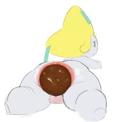 1:1 anthro anus backsack balls butt colored crowning_feces excessive_feces feces generation_3_pokemon genitals grey_body hi_res hyper hyper_crowning_feces hyper_feces jirachi legendary_pokemon looking_at_viewer looking_back lying male nintendo on_front pokemon pokemon_(species) pokemorph puffy_anus rear_view scat shortstack shortstack_male simple_background solo tiosqr white_background