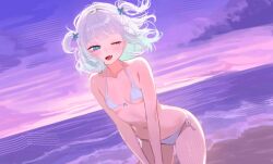 1girls bare_arms bare_legs bare_shoulders beach bikini female hair_blowing indie_virtual_youtuber indie_vtuber mint_fantome ms_tsukii navel ocean one_eye_closed petite_body skinny small_breasts solo tummy virtual_youtuber vtuber white_bikini