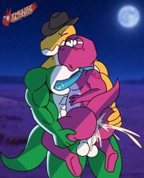 abs accessory ahegao anal anal_penetration anthro balls bedroom_eyes belly big_balls big_butt big_penis blue_necktie blurred_background blush bodily_fluids butt candy carrying_another carrying_partner carrying_position clothing cowboy_hat crocodile crocodilian cum cum_in_ass cum_inside dessert digital_drawing_(artwork) digital_media_(artwork) dinosaur duo erection eyes_closed food food_creature gameoverse genital_fluids genitals glans glitch_productions gobbles_(gameoverse) green_body gummigoo_(tadc) gummy_(food) gummy_creature hand_on_butt hat headgear headwear hi_res huge_penis lazyken learnosaurus living_candy looking_pleasured male male/male mixed_media mostly_nude multicolored_body narrowed_eyes navel necktie night nude_anthro nude_male open_mouth pecs penetration penis photo_background photography_(artwork) pink_body prehistoric_species pupils purple_pupils reptile scalie seductive shortstack shortstack_male size_difference tail the_amazing_digital_circus two_tone_body yellow_body