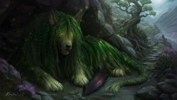 16:9 absurd_res animal_genitalia animal_penis big_penis bodily_fluids braided_hair braided_tail canid canine canine_genitalia canine_penis canis celtic_mythology claws cloud cloudy_sky cu-sith digital_media_(artwork) digital_painting_(artwork) domestic_dog erection european_mythology feral flower fur genital_fluids genitals glowing glowing_eyes green_body green_eyes green_fur hair hi_res howlfeiwolf knot long_fur lying male mammal mountain mythological_canine mythological_creature mythology nude open_mouth outside painting_(artwork) path paws penis plant precum puddle shaggy_fur signature sky solo spectral_dog spirit tail teeth trail tree valley watermark white_paws widescreen