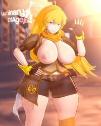 1girls blonde_female blonde_hair breasts half-dressed half_naked half_naked_female long_hair long_hair_female luminaryofages purple_eyes rwby solo_female yang_xiao_long