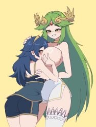 2girls ass bare_shoulders between_breasts blue_hair blush boyshort_panties breast_grab breasts choker circlet closed_eyes collarbone commission cowboy_shot crossover doce female female_focus female_only fire_emblem fire_emblem_awakening fire_emblem_warriors goddess grabbing_another's_breast green_eyes green_hair grin groping hairband half-closed_eyes hand_on_another's_head head_between_breasts highres jewelry kid_icarus kid_icarus_uprising large_breasts long_hair looking_at_another lucina_(fire_emblem) matching_underwear multiple_females multiple_girls naughty_face nintendo official_alternate_costume palucina palutena shorts simple_background single_thighhigh skirt smile super_mario_bros. tank_top thighhighs tiara topless_female underwear underwear_only very_long_hair white_skirt white_thighhighs yellow_background yuri