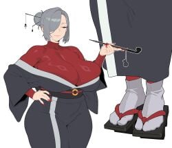 1girl 2d chengchezhiice foot_fetish grey_eyes grey_hair hair_bun hair_over_one_eye japanese_female kimono large_breasts milf mommy oc red_nail_polish smoking_pipe socks tagme tight_clothes