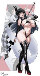 2d 2d_(artwork) behemoth_(nikke) big_ass big_breasts black_bra black_eyebrows black_eyelashes black_fingernails black_hair black_haired_female checkerboard color eyebrows eyebrows_visible_through_hair eyelashes fanart female female_focus female_only fingers flag goddess_of_victory:_nikke hands heretic_(nikke) holding_flag holding_object long_black_hair long_hair looking_at_viewer nikke nose not_ai_generated not_furry open_mouth pupils race_flag race_queen red_eyes revealing_clothes revealing_outfit sharp_teeth shift_up simple_background tagme tagme_(artist) visible_teeth watermark white_background