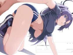 1girl ahonoko ass black_halo black_shirt blue_archive blue_buruma blue_eyes blue_hair gym_shirt large_breasts long_hair looking_at_viewer solo thick_thighs thighs underboob yuuka_(blue_archive) yuuka_(gym_uniform)_(blue_archive)