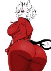 1girl 2d ass beelzebub_(helltaker) demon_girl helltaker horn huge_ass lughost red_suit smirking tagme