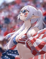 1girls american_flag_bikini elf elf_female female frieren glasses highres medium_breasts midriff navel pointy_ears solo sousou_no_frieren tummy united_states_of_america world_cup