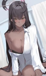 1girls absurdres barefoot black_bra black_hair blue_archive blurry blurry_background blush bra bra_strap_slip breasts cleavage collared_shirt curtains dark-skinned_female dark_skin dress_shirt duplicate dutch_angle female halo highres karin_(blue_archive) karin_(school_uniform)_(blue_archive) large_breasts long_hair looking_at_viewer off_shoulder pixel-perfect_duplicate purple_halo ref_(pmxt4483) shirt single_bare_shoulder sitting solo strap_slip underwear very_long_hair white_shirt yellow_eyes yokozuwari