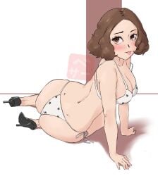 ass ass_focus atlus back back_view baser_guy big_ass big_ass_(female) big_butt big_butt_(female) black_high_heels boobies bra bra_strap brown_eyes brown_hair cleavage haru_okumura high_heels looking_at_viewer looking_back on_floor persona persona_5 persona_5_royal tagme tongue underwear white_bra white_underwear