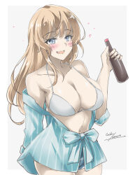1girl alternate_costume aqua_shirt artist_name blonde_hair blush_stickers bottle breasts cleavage collarbone cowboy_shot dated gakky grey_background hair_down highres holding holding_bottle kantai_collection large_breasts long_hair one-hour_drawing_challenge partially_open_shirt ranger_(kantai_collection) shirt smile solo striped_clothes striped_shirt